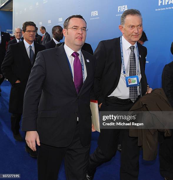 General Secretary of The FA Alex Horne arrives Premier League chief executive Richard Scudamore during the FIFA World Cup 2018 & 2022 Host...