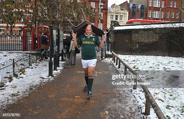 Van der Linde attends a Springboks team photograph session at Royal Garden Kensington on December 03, 2010 in London, England. (Photo by Duif du Toit...