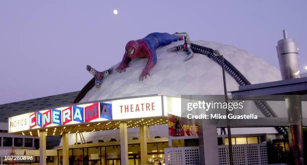 Opening night of "Spider-Man 2" display atop Pacific's Cinerama Dome, under a full moon - ArcLight Theatres on Sunset Blvd., Los Angeles.