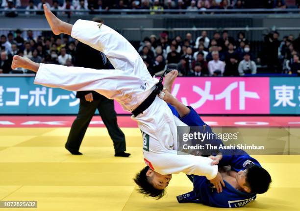 Joshiro Maruyama of Japan and Hifumi Abe of Japan compete in the Men's -66kg final on day one of the Grand Slam Osaka at Maruzen Intec Arena Osaka on...