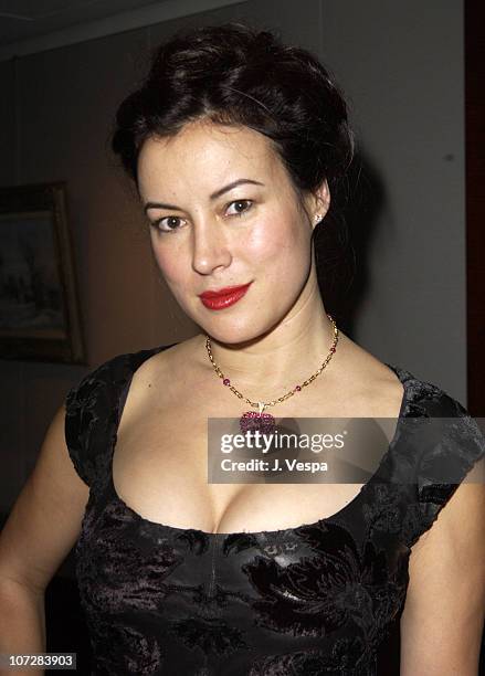 Jennifer Tilly with a ruby and gold pendant necklace by BVLGARI that she purchased in the auction.