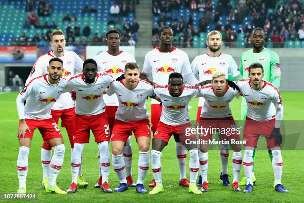 The RB Leipzig team line up before the UEFA Europa League Group B match between RB Leipzig and Rosenborg at Red Bull Arena on December 13, 2018 in...