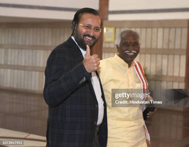 Union Minister of Ministry of Human Resource Development Prakash Javadekar and Minister of State for Labour and Employment Bandaru Dattatreya arrive...