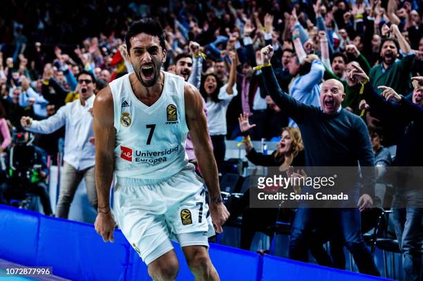 Facundo Campazzo guard of Real Madrid celebrates during the 2018/2019 Turkish Airlines Euroleague Regular Season Round 12 game between Real Madrid...