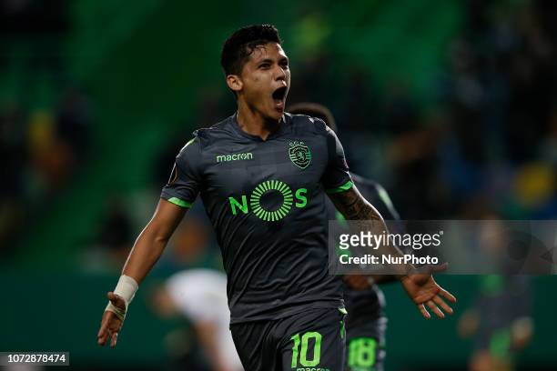 Fredy Montero of Sporting celebrates his goal during UEFA Europa League football match between Sporting CP vs Vorskla, in Lisbon, on December 13,...