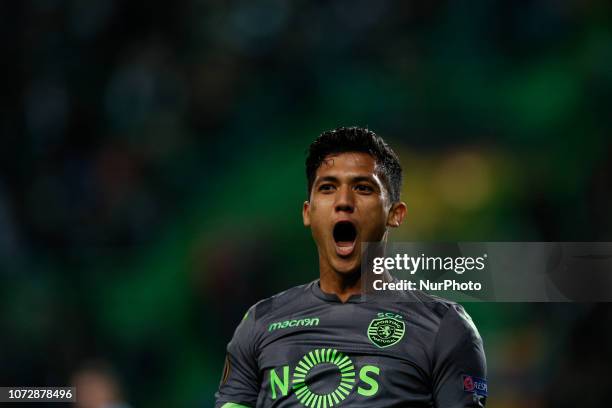 Fredy Montero of Sporting celebrates his goal during UEFA Europa League football match between Sporting CP vs Vorskla, in Lisbon, on December 13,...