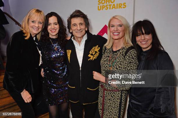Twiggy, Sally Wood, Ronnie Wood, Anneka Rice and Imelda May attend the Opening Night after party for "Chasing Bono" at the Soho Theatre on December...