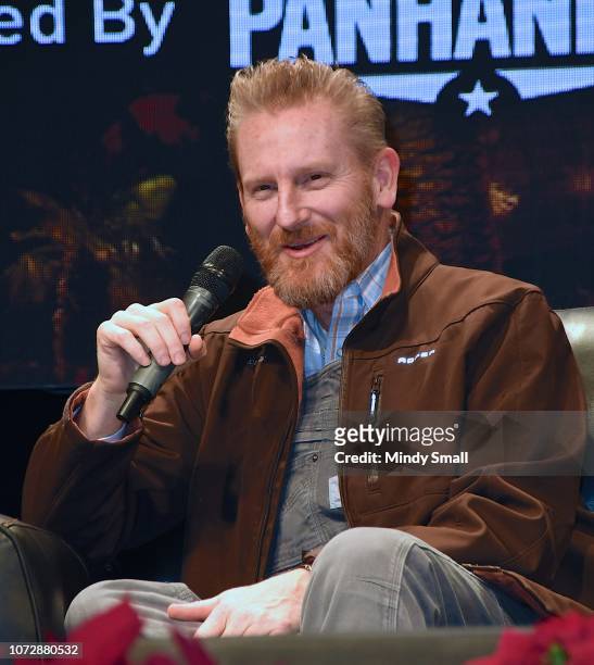 Rory Feek speaks onsatge during the "Outside the Barrel" with Flint Rasmussen show during the National Finals Rodeo's Cowboy Christmas at the Las...