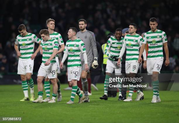 Celtic are seen at full time during the UEFA Europa League Group B match between Celtic and RB Salzburg at Celtic Park on December 13, 2018 in...