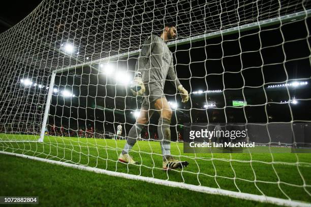 Craig Gordon of Celtic is seenl during the UEFA Europa League Group B match between Celtic and RB Salzburg at Celtic Park on December 13, 2018 in...