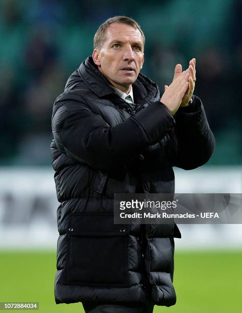 Celtic manager Brendan Rodgers applauds the home fans during the UEFA Europa League Group B match between Celtic and RB Salzburg at Celtic Park on...