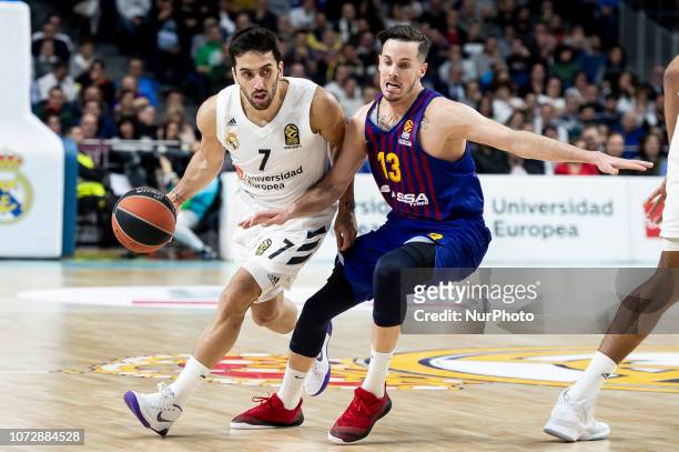 Facundo Campazzo of Real Madrid and Thomas Heurtel of FC Barcelona Lassa during Turkish Airlines Euroleague match between Real Madrid and FC...