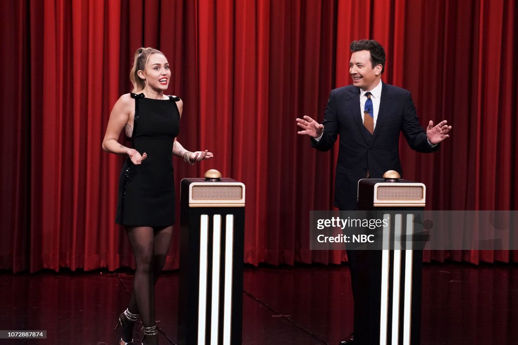 Jimmy Fallon Female Rapper Singer Miley Cyrus and host Jimmy Fallon during