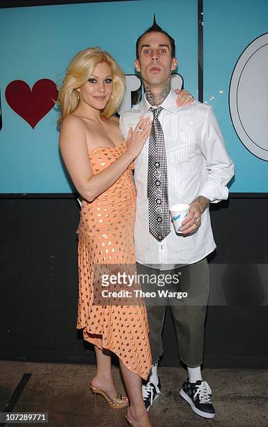 Shanna Moakler and Travis Barker of Blink 182 during Matthew McConaughey, Travis Barker and Shanna Moakler Visit MTV's "TRL" - April 6, 2005 at MTV...