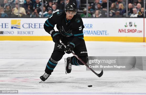 Evander Kane of the San Jose Sharks skates the puck ahead against the Dallas Stars at SAP Center on December 13, 2018 in San Jose, California