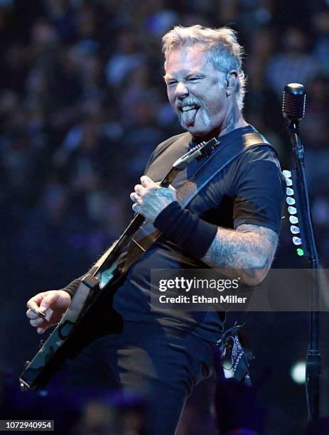 Singer/guitarist James Hetfield of Metallica performs during a stop of the band's WorldWired Tour at T-Mobile Arena on November 26, 2018 in Las...