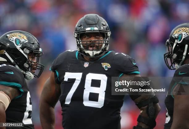 Jermey Parnell of the Jacksonville Jaguars looks on during NFL game action against the Buffalo Bills at New Era Field on November 25, 2018 in...