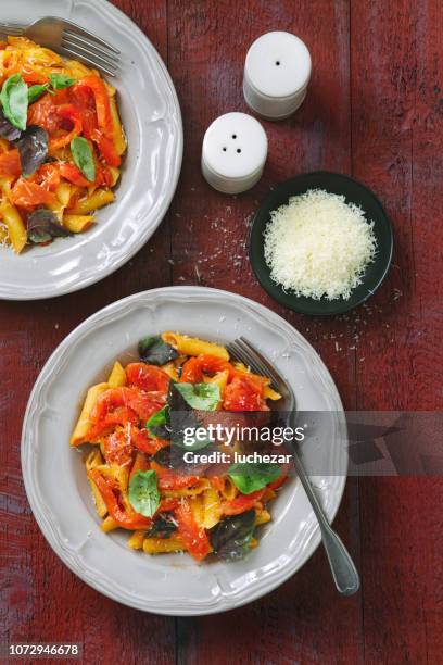 penne with tomato sauce and smoked salmon - parmesan cheese overhead stock pictures, royalty-free photos & images