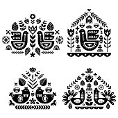 Folk art pattern collection with four single pattern. Monochrome decorative composition with bird and floral elements. Nordic style. Vector design templates set.