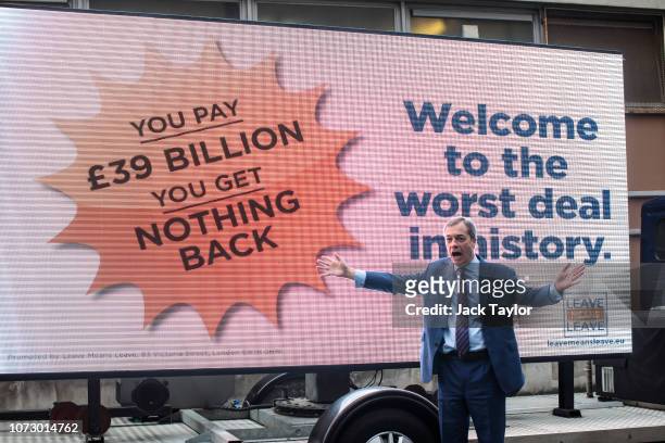 British MEP Nigel Farage poses during the launch a new 'Leave Means Leave' campaign against British Prime Minister Theresa May's Brexit agreement on...