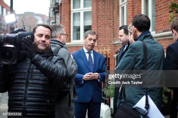 British MEP Nigel Farage speaks to reporters during the launch a new 'Leave Means Leave' campaign against British Prime Minister Theresa May's Brexit...