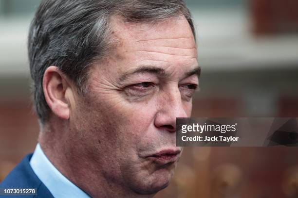 British MEP Nigel Farage speaks to reporters during the launch a new 'Leave Means Leave' campaign against British Prime Minister Theresa May's Brexit...