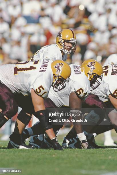 Jake Plummer, Quarterback for the Arizona State Sun Devils calls the play on the line of scrimmage during the NCAA Pac 10 college football game on 26...