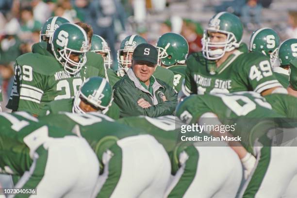 George Perles, Head Coach for the Michigan State Spartans during the NCAA Big 10 college football game against the University of Miami Hurricanes on...
