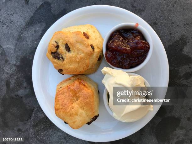 scones with clotted cream and jam - clotted cream stock pictures, royalty-free photos & images