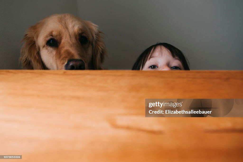 Girl hiding behind a table with her dog