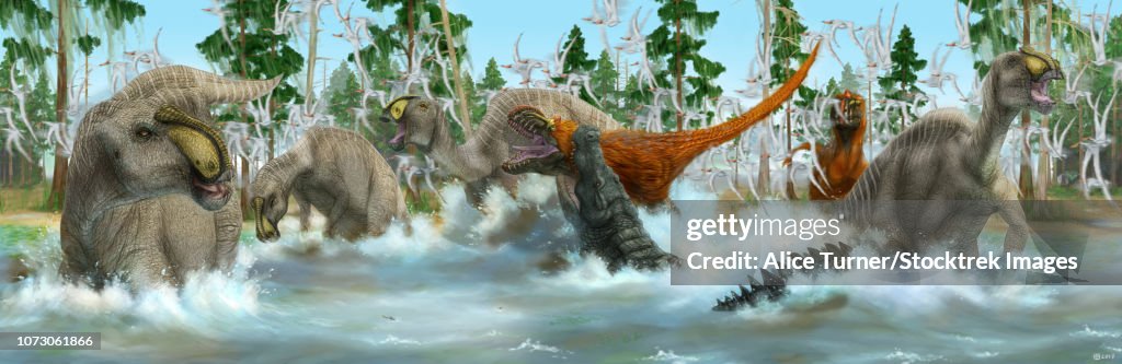 Deinosuchus and Bistahieversor attack a herd of migrating Anasazisaurus.