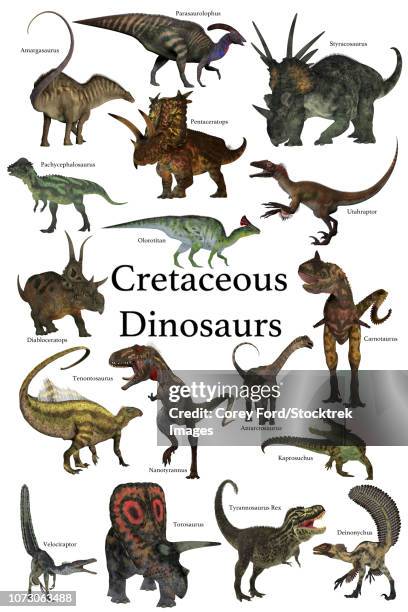 poster of prehistoric dinosaurs during the cretaceous period. - lobe finned fish stock illustrations