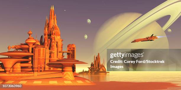 spacecraft delivering supplies to a colony on titan, one of saturn's moons. - colony group of animals stock illustrations