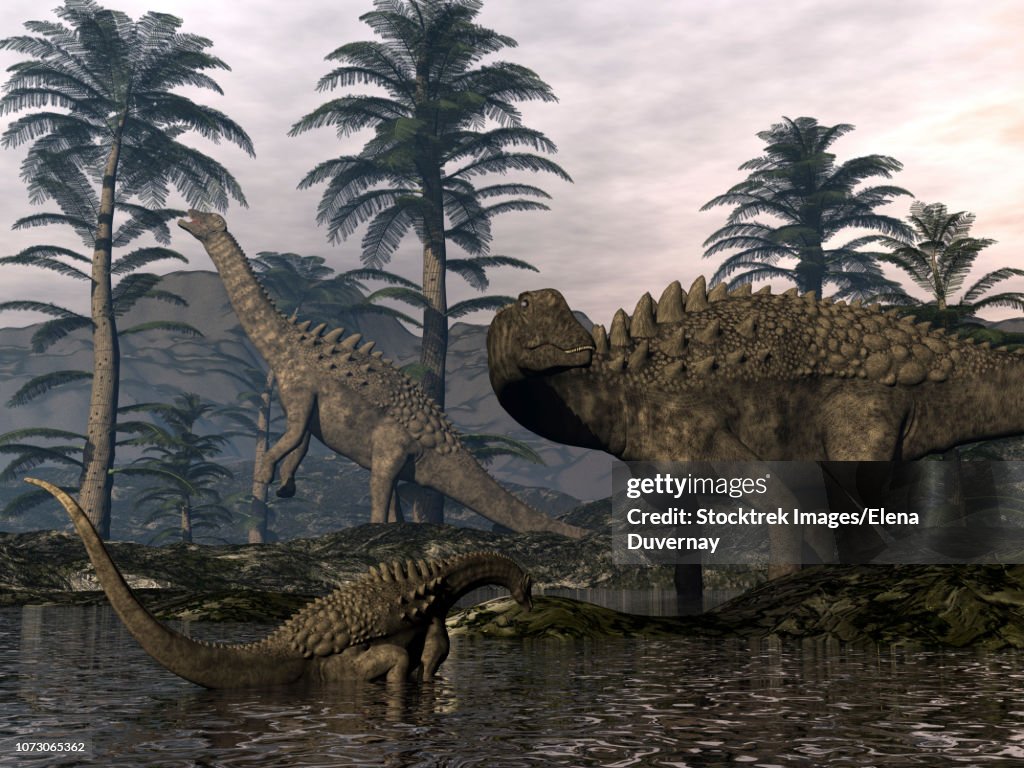 Family of Ampelosaurus dinosaurs walking among cordaites trees.