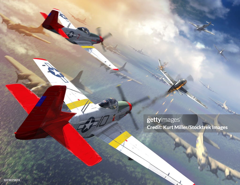 P-51 Mustangs escorting B-17 bombers from German fighter planes.