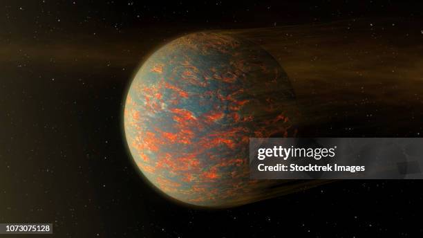 artist concept of exoplanet 55 cancri e and its molten surface showing material blowing of from nearby star. - planetary geology stock illustrations