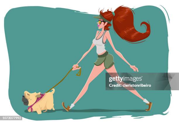 strolling with the dog (beach) - dog walking stock illustrations