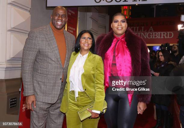 Earvin Magic Johnson, wife Cookie Johnson and son EJ Johnson pose at the opening night of the hit play "To Kill a Mockingbird" on Broadway at The...