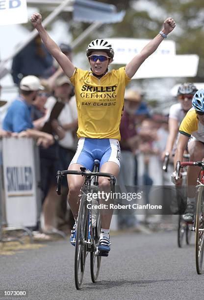 Rochelle Gilmore celebrates her victory during the women's section of the Geelong Skilled Bay Cycling Classic, held on the Portarlington Foreshore,...