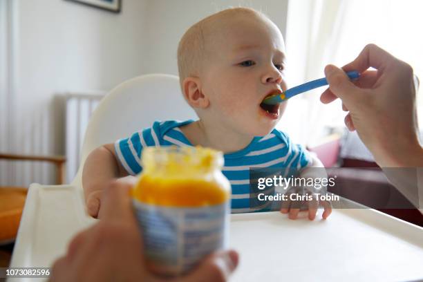 baby taking a bite of food from a spoon with jar of baby food in foreground - babymat bildbanksfoton och bilder