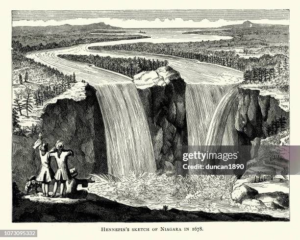 hennepin's sketch of niagara falls in 1678 - waterfall stock illustrations