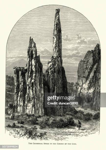 cathedral spires, garden of the gods, colorado, 19th century - garden of the gods stock illustrations