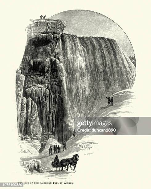 american falls in winter, niagara falls, 19th century - niagara falls stock illustrations