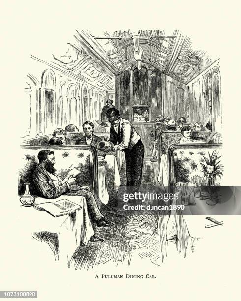 african american waiter serving passengers in a pullman railway car - dining car stock illustrations