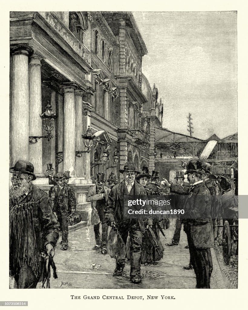 Railway passengers outside Grand Central Depot, New York, 19th Century