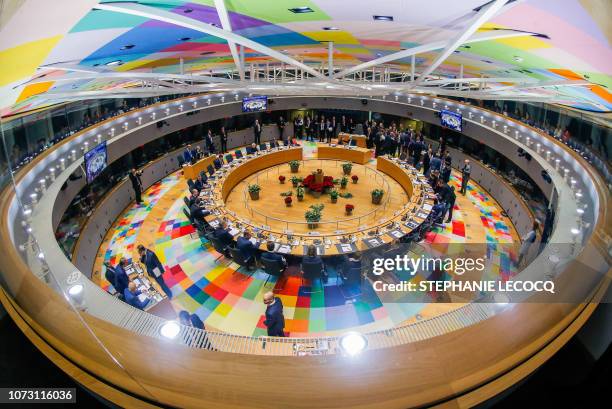 Picture taken on December 14, 2018 in Brussels shows a general view of the room of the European Council in Brussels during the second day of a...