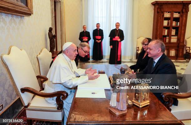 Pope Francis meets Slovakia's President Andrej Kiska during a private audience at the Vatican on December 14, 2018.
