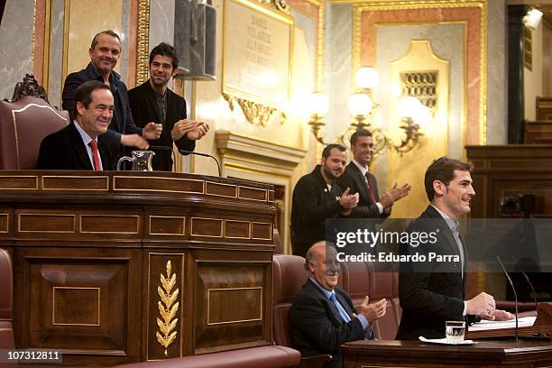 Iker Casillas and Vicente del Bosque attend the public reading of the Spanish Constitution at Palace of the Parliament on December 3, 2010 in Madrid,...