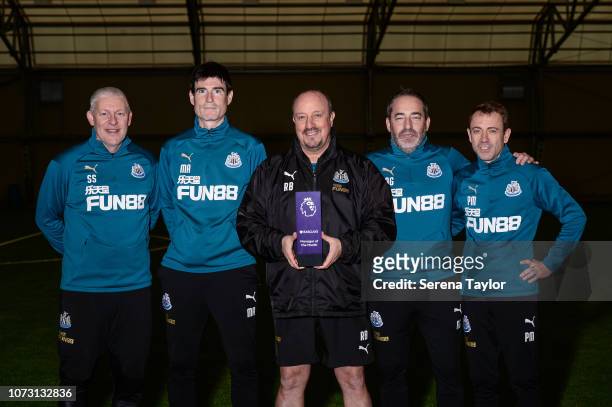 Newcastle United Manager Rafael Benitez poses for photographs with his staff seen L-R Newcastle United Goalkeeping Coach Simon Smith, Newcastle...