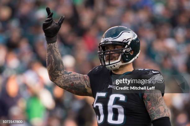 Chris Long of the Philadelphia Eagles reacts against the New York Giants at Lincoln Financial Field on November 25, 2018 in Philadelphia,...